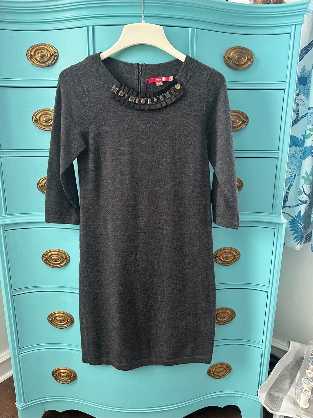 Boden Charcoal Gray Knit Dress with Beaded Neck